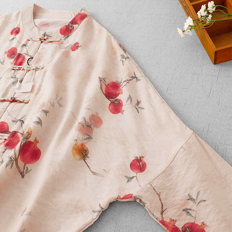 Buddha Stones Summer Tang Style Vintage Frog Button Pomegranate Print Women's Long Sleeve Shirts - image 4