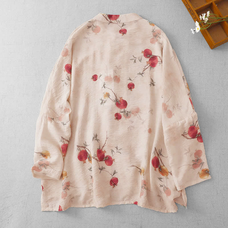 Buddha Stones Summer Tang Style Vintage Frog Button Pomegranate Print Women's Long Sleeve Shirts - image 1
