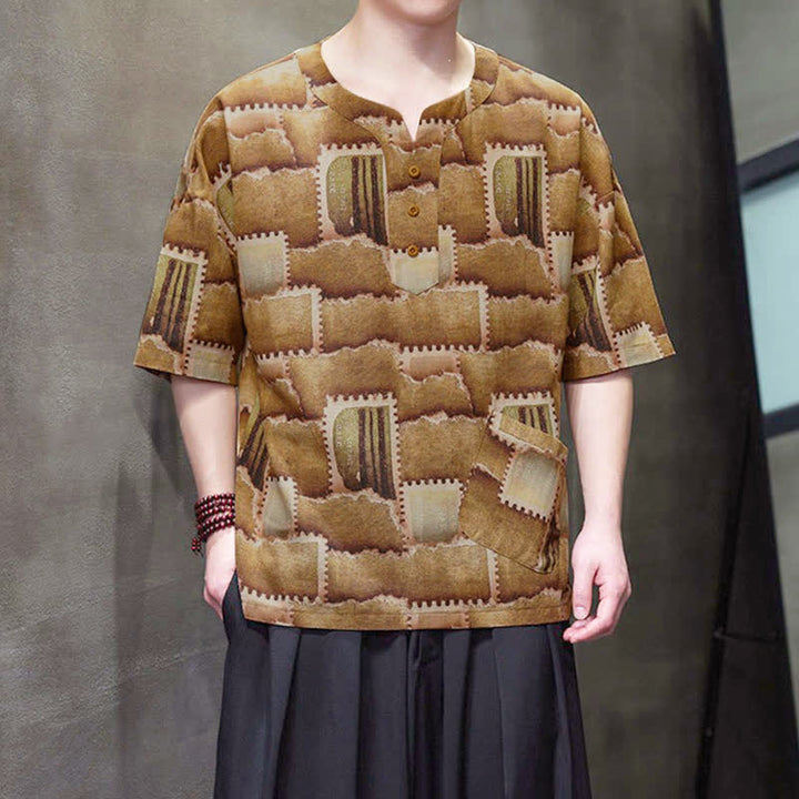 Buddha Stones Summer Casual Boho Patchwork Plaid Design Men's Short Sleeve Shirts With Patch Pocket - image 10