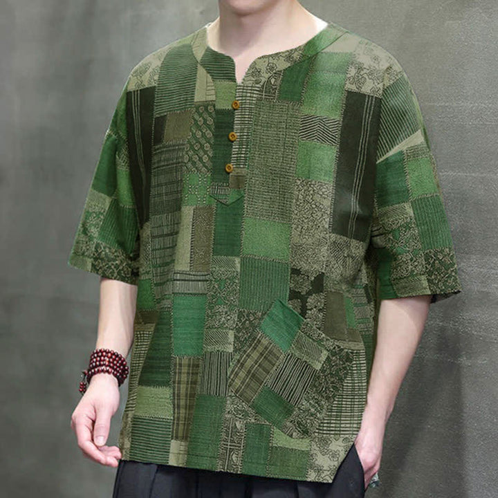 Buddha Stones Summer Casual Boho Patchwork Plaid Design Men's Short Sleeve Shirts With Patch Pocket - image 6