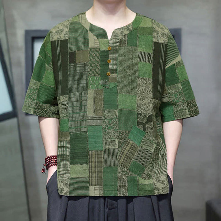 Buddha Stones Summer Casual Boho Patchwork Plaid Design Men's Short Sleeve Shirts With Patch Pocket - image 3