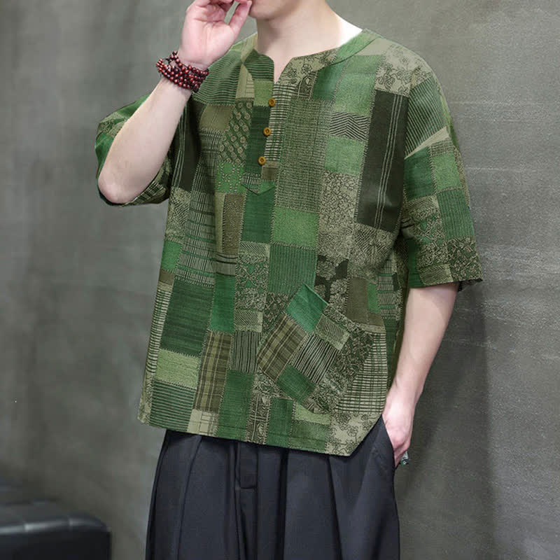Buddha Stones Summer Casual Boho Patchwork Plaid Design Men's Short Sleeve Shirts With Patch Pocket - image 8