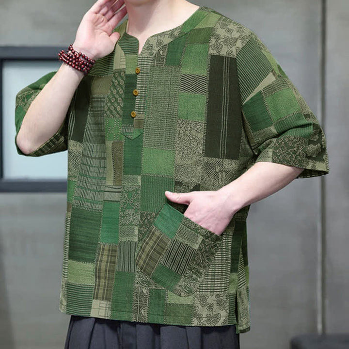 Buddha Stones Summer Casual Boho Patchwork Plaid Design Men's Short Sleeve Shirts With Patch Pocket - image 5