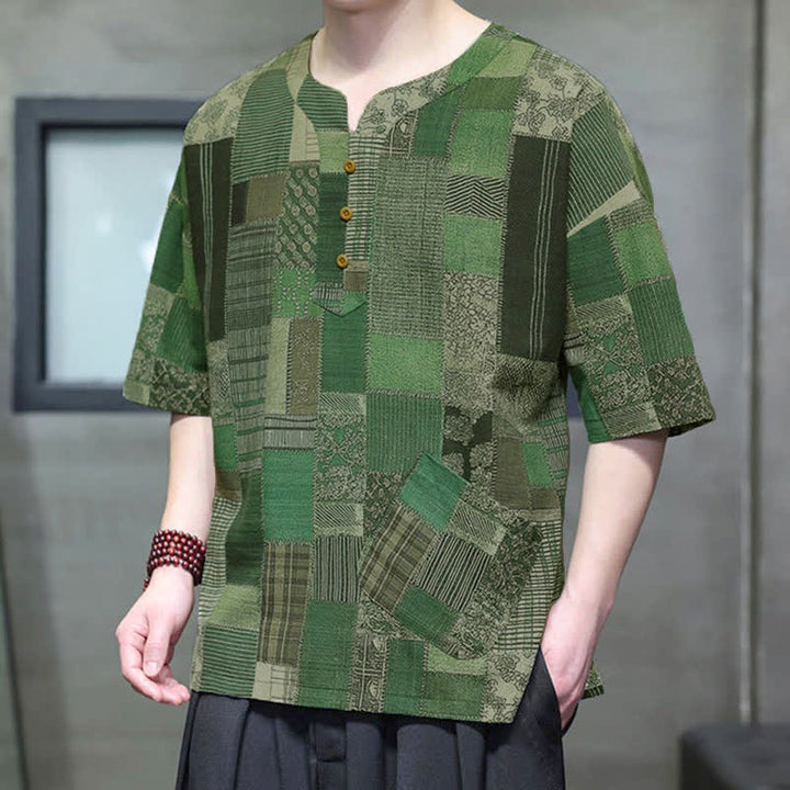 Buddha Stones Summer Casual Boho Patchwork Plaid Design Men's Short Sleeve Shirts With Patch Pocket - ForestGreen - US/UK/AU46, EU56 (5XL) - image 0