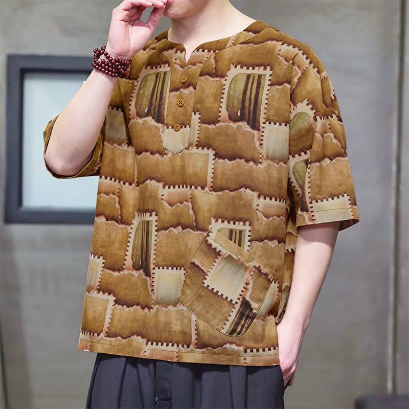 Buddha Stones Summer Casual Boho Patchwork Plaid Design Men's Short Sleeve Shirts With Patch Pocket - image 11