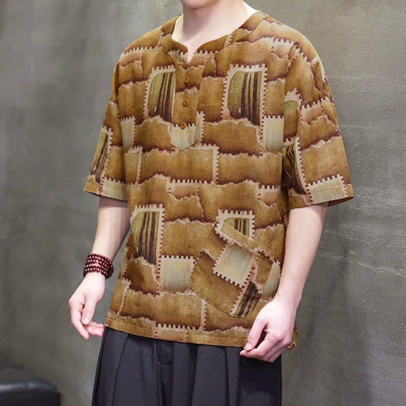 Buddha Stones Summer Casual Boho Patchwork Plaid Design Men's Short Sleeve Shirts With Patch Pocket - image 17