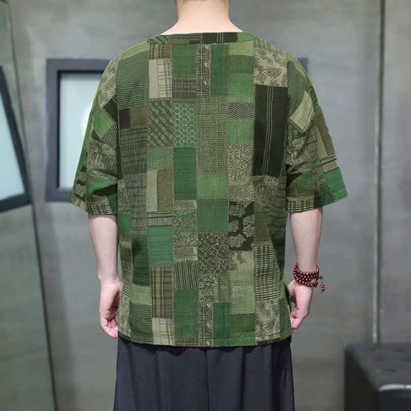 Buddha Stones Summer Casual Boho Patchwork Plaid Design Men's Short Sleeve Shirts With Patch Pocket - image 4
