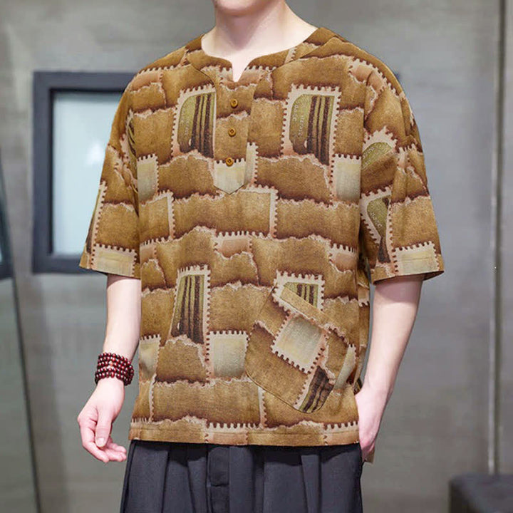 Buddha Stones Summer Casual Boho Patchwork Plaid Design Men's Short Sleeve Shirts With Patch Pocket - image 16