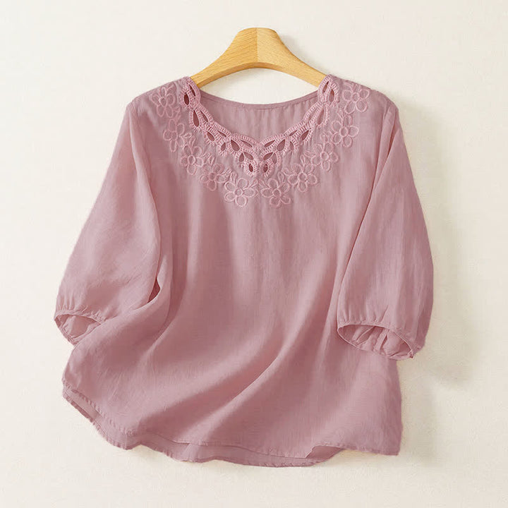 Buddha Stones Spring Summer Casual Vintage Crew Neck Embroidery Solid Women's Three-Quarter Sleeve T-Shirt - Pink - US12, UK/AU16, EU44 (2XL) - image 10