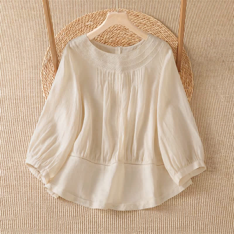 Buddha Stones Spring Summer Casual Elegant Embroidery Solid Women's Long Sleeve T-Shirt - AntiqueWhite - US12, UK/AU16, EU44 (2XL) - image 0