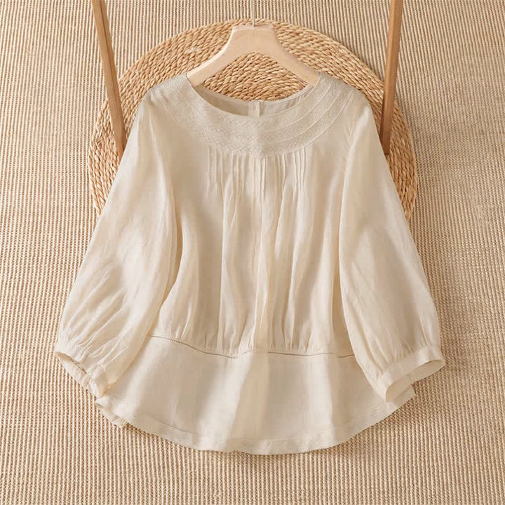 Buddha Stones Spring Summer Casual Elegant Embroidery Solid Women's Long Sleeve T-Shirt - AntiqueWhite - US12, UK/AU16, EU44 (2XL) - image 0