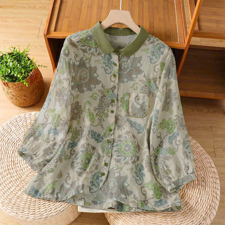 Buddha Stones Spring Summer Casual Vintage Button-Up Floral Women's Long Sleeve Shirts With Pocket - DarkSeaGreen - US8-10, UK/AU12-14, EU40-42 (2XL) - image 0
