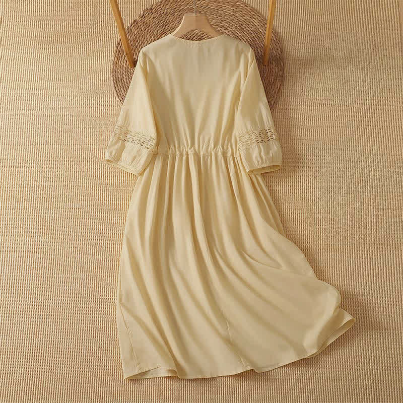 Buddha Stones 2Pcs Summer Casual Boho Solid Crew Neck Women's Elbow-Length Sleeve Dress With Pocket - image 1