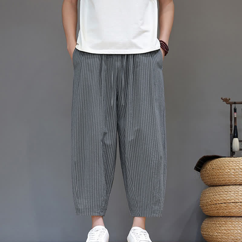 Buddha Stones Summer Casual Minimalist Drawstring Striped Cotton Linen Capri Pants Men's Tapered Pants With Pocket - image 1