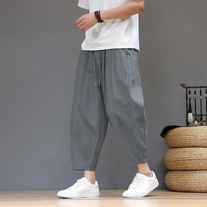 Buddha Stones Summer Casual Minimalist Drawstring Striped Cotton Linen Capri Pants Men's Tapered Pants With Pocket - image 5