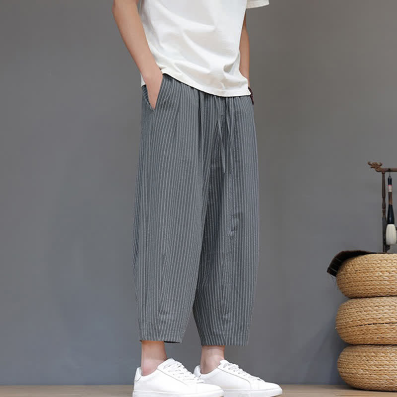 Buddha Stones Summer Casual Minimalist Drawstring Striped Cotton Linen Capri Pants Men's Tapered Pants With Pocket - image 2