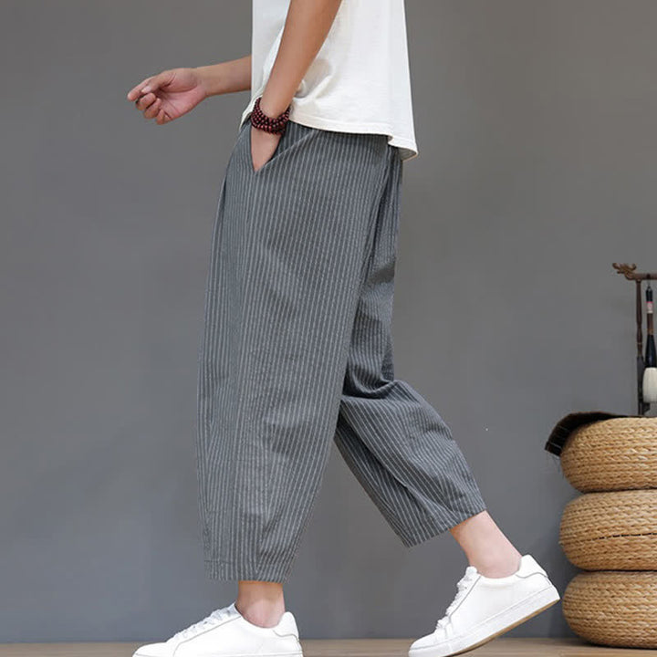 Buddha Stones Summer Casual Minimalist Drawstring Striped Cotton Linen Capri Pants Men's Tapered Pants With Pocket - image 4