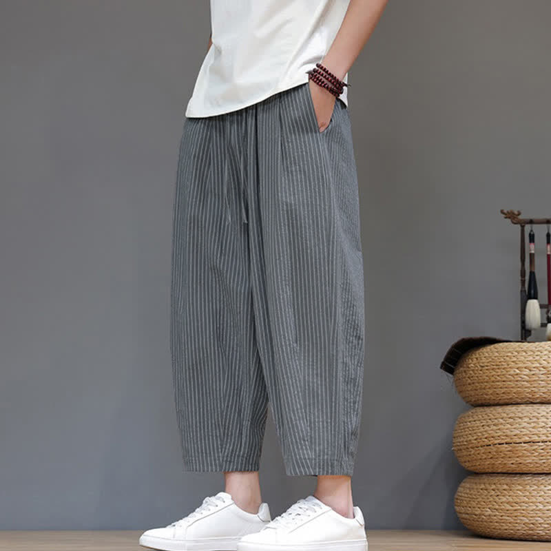 Buddha Stones Summer Casual Minimalist Drawstring Striped Cotton Linen Capri Pants Men's Tapered Pants With Pocket - image 6