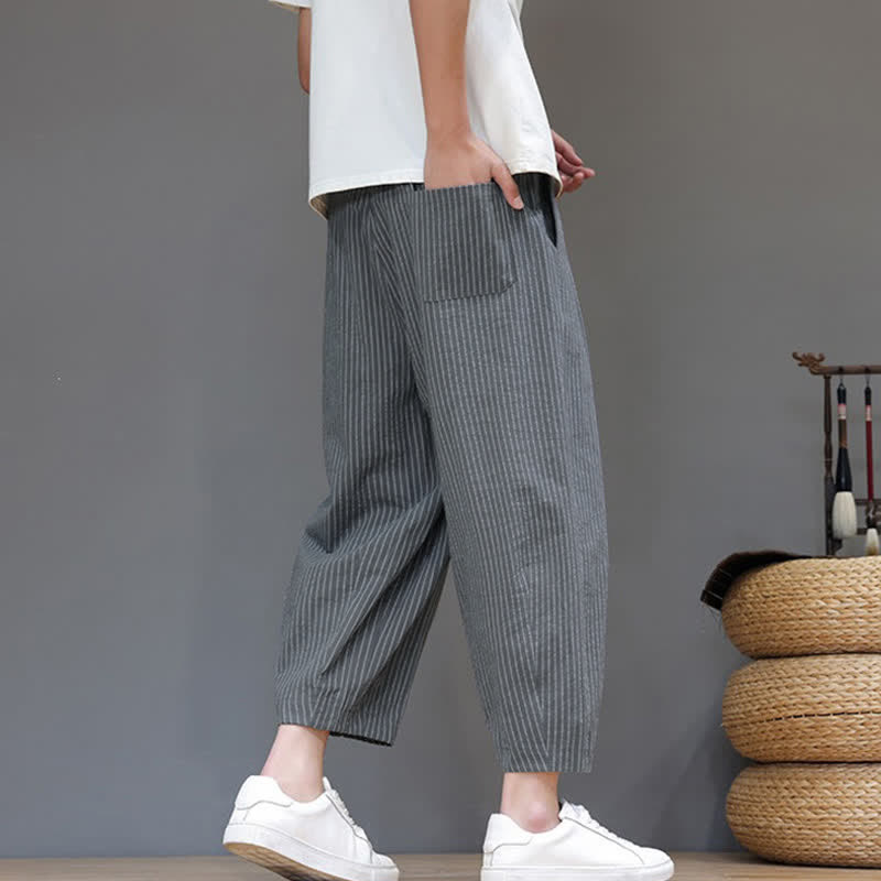 Buddha Stones Summer Casual Minimalist Drawstring Striped Cotton Linen Capri Pants Men's Tapered Pants With Pocket - image 3