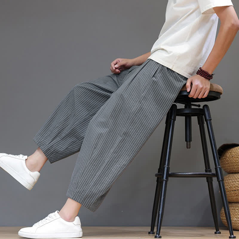 Buddha Stones Summer Casual Minimalist Drawstring Striped Cotton Linen Capri Pants Men's Tapered Pants With Pocket - image 7