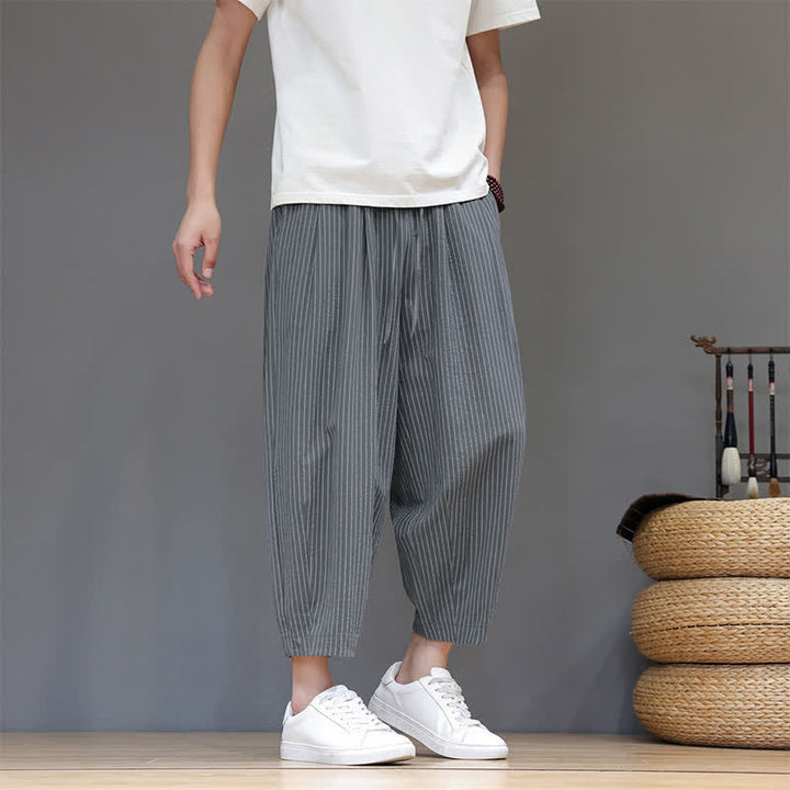 Buddha Stones Summer Casual Minimalist Drawstring Striped Cotton Linen Capri Pants Men's Tapered Pants With Pocket - SlateGray - US/UK/AU46, EU56 (5XL) - image 0