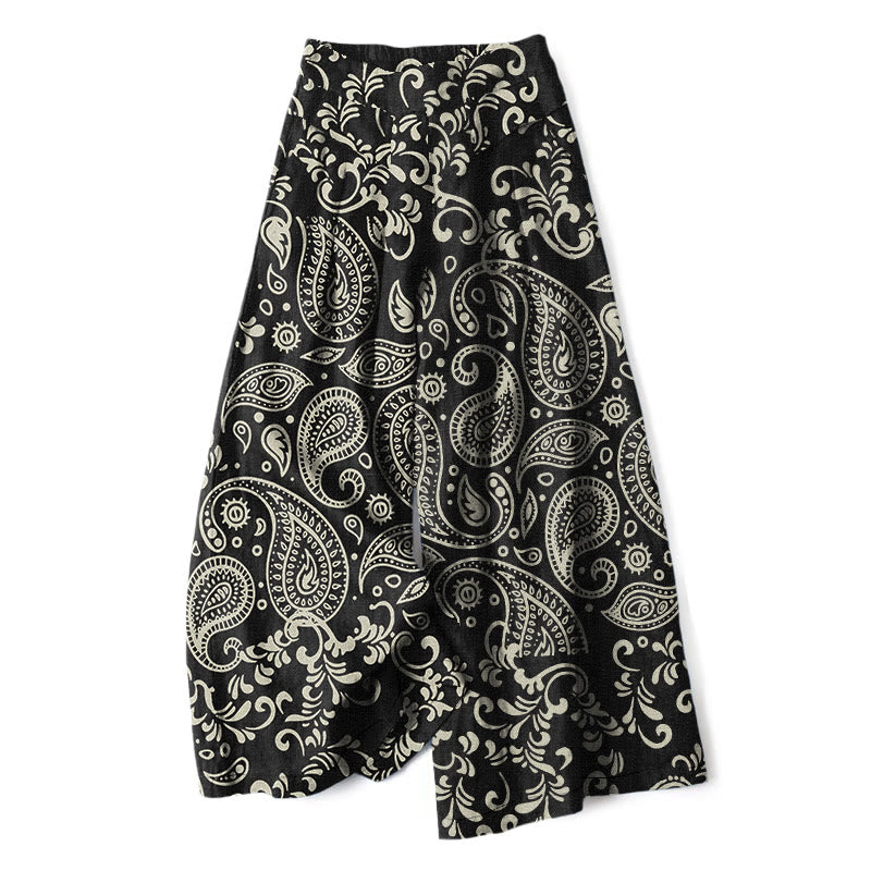 Buddha Stones Cotton Linen Vintage Paisley Pattern Women's Elastic Waist Wide Leg Pants With Pockets - Black - US16，UK/AU20，EU48 (3XL) - image 0