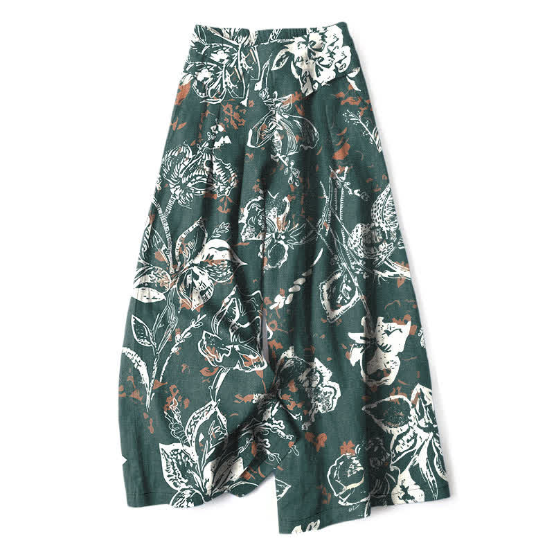 Buddha Stones Cotton Linen Vintage White Floral Pattern Women's Elastic Waist Wide Leg Pants With Pockets - Teal - US16，UK/AU20，EU48 (3XL) - image 0