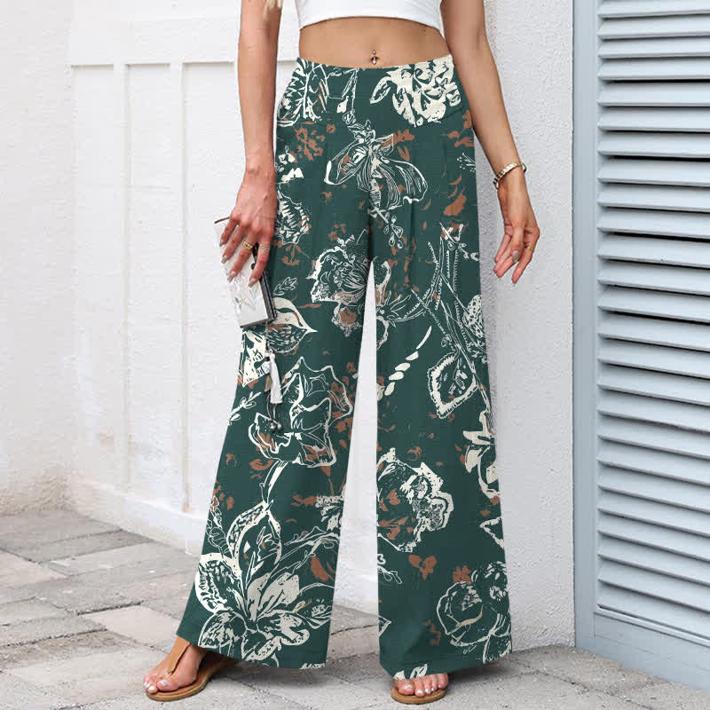Buddha Stones Cotton Linen Vintage White Floral Pattern Women's Elastic Waist Wide Leg Pants With Pockets - image 1