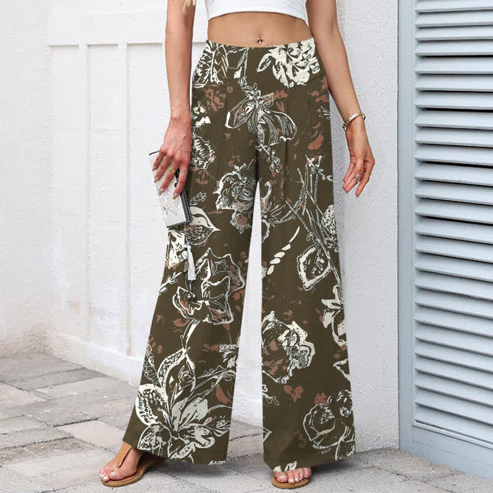 Buddha Stones Cotton Linen Vintage White Floral Pattern Women's Elastic Waist Wide Leg Pants With Pockets - image 5