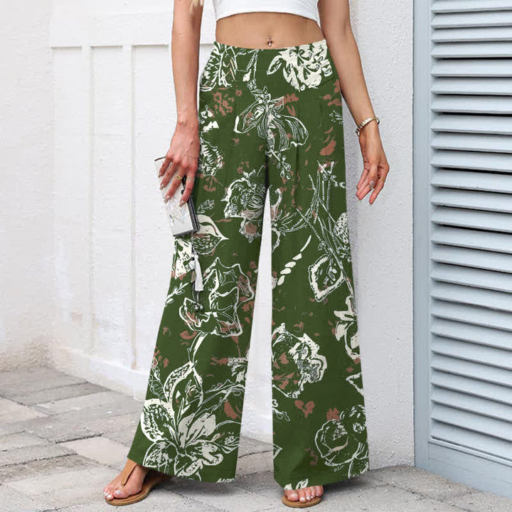 Buddha Stones Cotton Linen Vintage White Floral Pattern Women's Elastic Waist Wide Leg Pants With Pockets - image 7