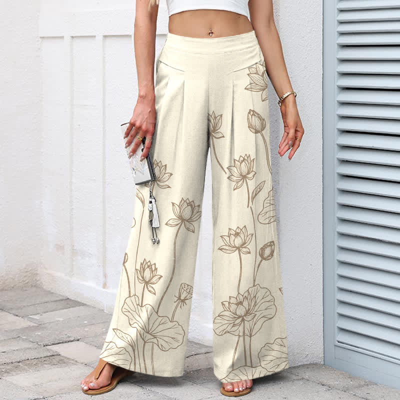 Buddha Stones Cotton Linen Vintage Lotus Line Art Pattern Women's Elastic Waist Wide Leg Pants With Pockets - image 1