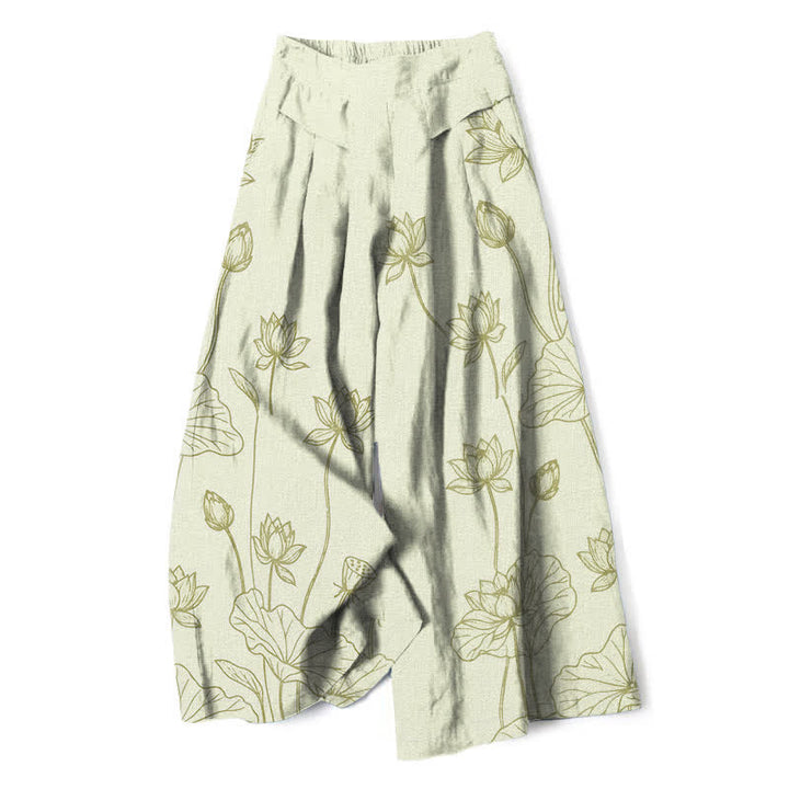 Buddha Stones Cotton Linen Vintage Lotus Line Art Pattern Women's Elastic Waist Wide Leg Pants With Pockets - Honeydew - US16，UK/AU20，EU48 (3XL) - image 4