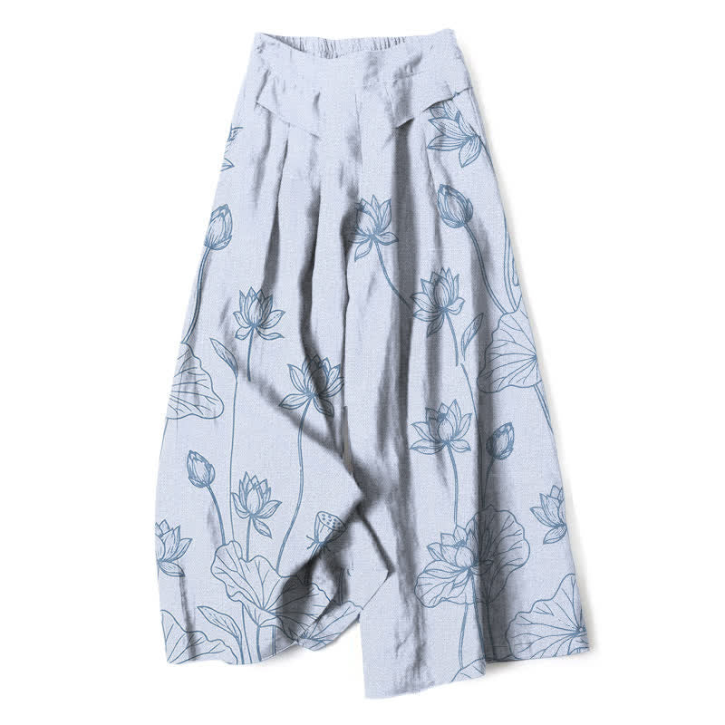 Buddha Stones Cotton Linen Vintage Lotus Line Art Pattern Women's Elastic Waist Wide Leg Pants With Pockets - AliceBlue - US16，UK/AU20，EU48 (3XL) - image 6