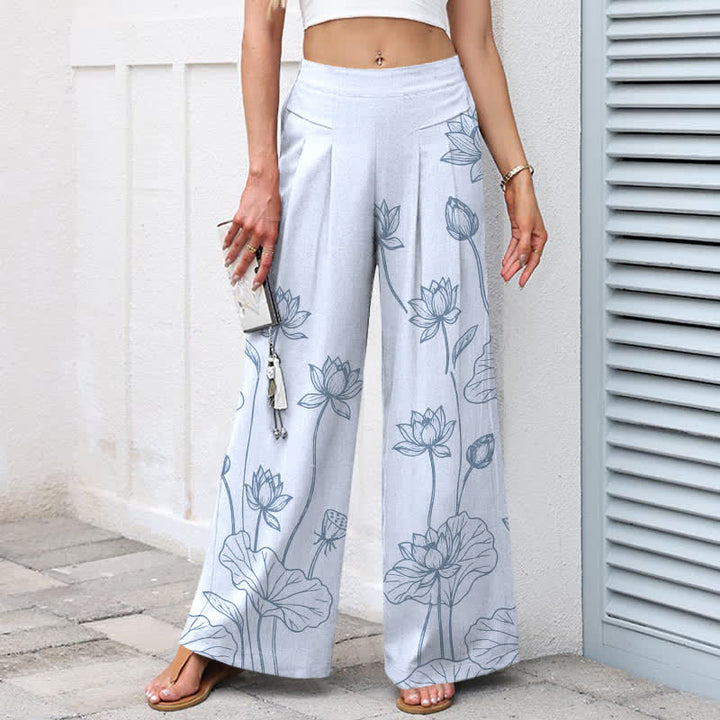 Buddha Stones Cotton Linen Vintage Lotus Line Art Pattern Women's Elastic Waist Wide Leg Pants With Pockets - image 7