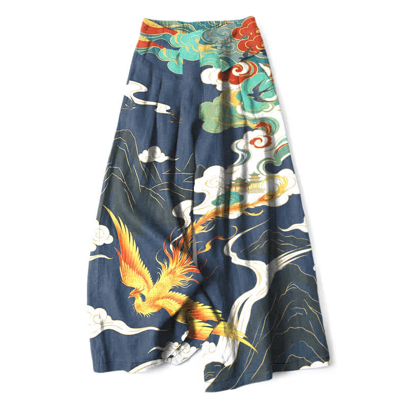 Buddha Stones Cotton Linen Phoenix Cloud Pattern Women's Elastic Waist Wide Leg Pants With Pockets - Navy - US16，UK/AU20，EU48 (3XL) - image 0