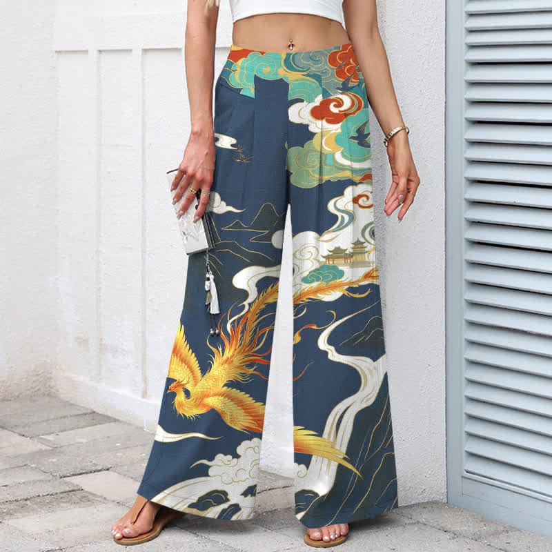 Buddha Stones Cotton Linen Phoenix Cloud Pattern Women's Elastic Waist Wide Leg Pants With Pockets - image 1