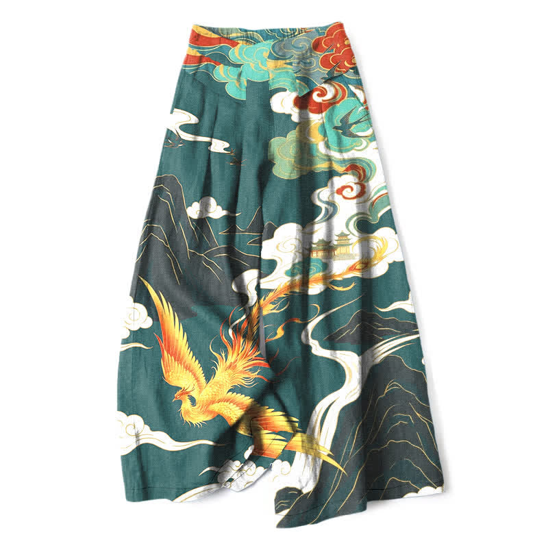 Buddha Stones Cotton Linen Phoenix Cloud Pattern Women's Elastic Waist Wide Leg Pants With Pockets - Teal - US16，UK/AU20，EU48 (3XL) - image 4
