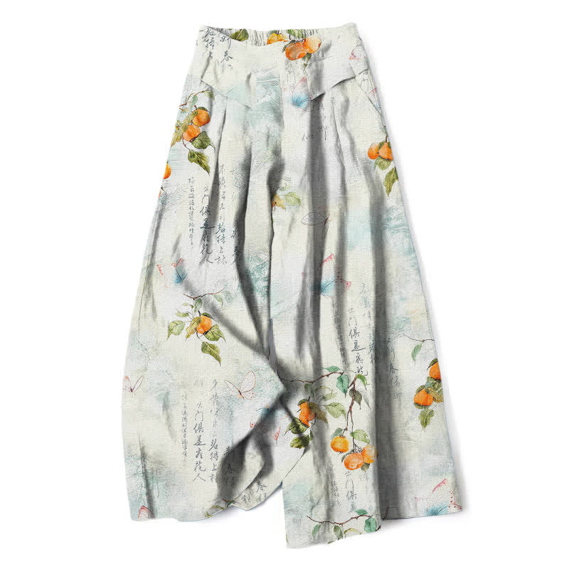 Buddha Stones Cotton Linen Vintage Citrus Garden Butterfly Pattern Women's Elastic Waist Wide Leg Pants With Pockets - Azure - US16，UK/AU20，EU48 (3XL) - image 0