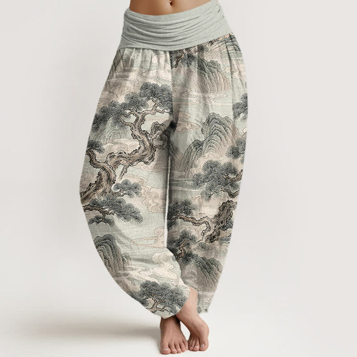 Buddha Stones Cotton Ink Wash Landscape Pattern Women's Elastic Waist Harem Pants - LightGrey - US16，UK/AU20，EU48 (3XL) - image 0