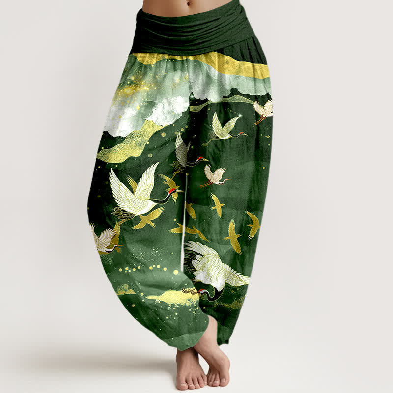 Buddha Stones Cotton Flying Crane Golden Cloud Pattern Women's Elastic Waist Harem Pants - DarkGreen - US16，UK/AU20，EU48 (3XL) - image 5