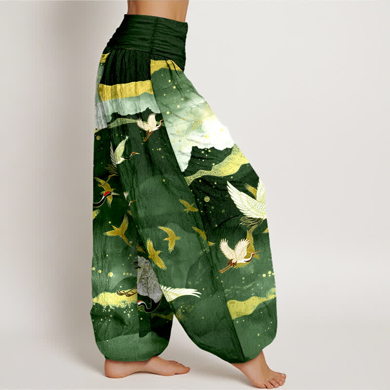 Buddha Stones Cotton Flying Crane Golden Cloud Pattern Women's Elastic Waist Harem Pants - image 6