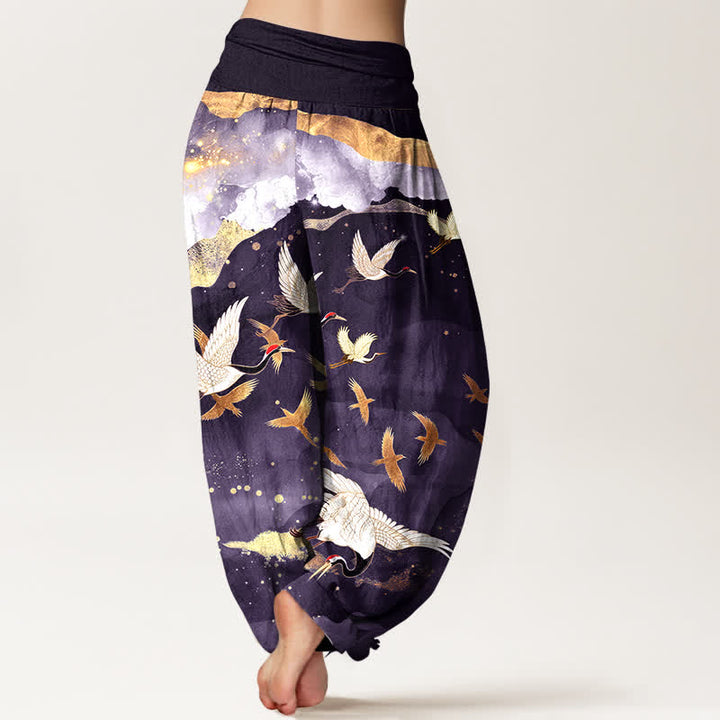 Buddha Stones Cotton Flying Crane Golden Cloud Pattern Women's Elastic Waist Harem Pants - image 10