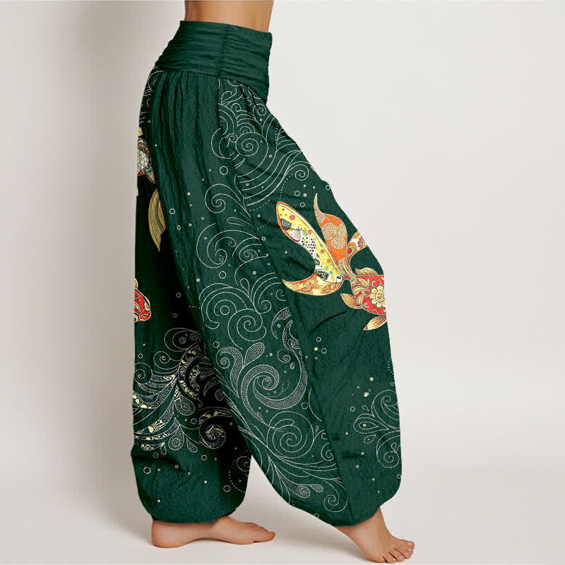 Buddha Stones Cotton Koi Fish Swirl Pattern Women's Elastic Waist Harem Pants - image 9