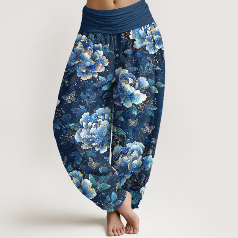 Buddha Stones Cotton Peony Butterfly Pattern Women's Elastic Waist Harem Pants - Navy - US16，UK/AU20，EU48 (3XL) - image 0