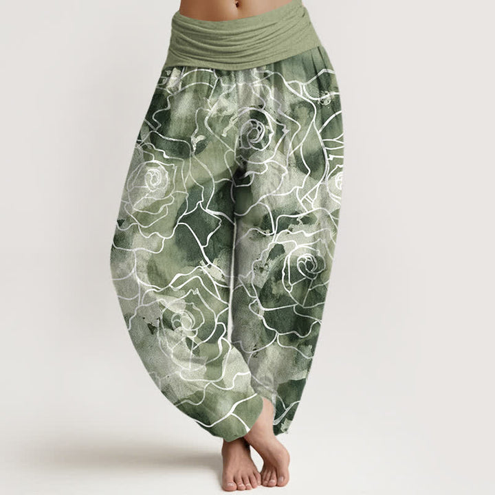 Buddha Stones Cotton White Outline Rose Pattern Women's Elastic Waist Harem Pants - DarkSeaGreen - US16，UK/AU20，EU48 (3XL) - image 0