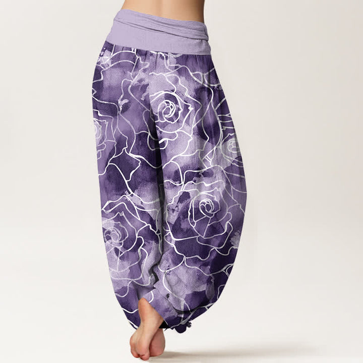 Buddha Stones Cotton White Outline Rose Pattern Women's Elastic Waist Harem Pants - image 10