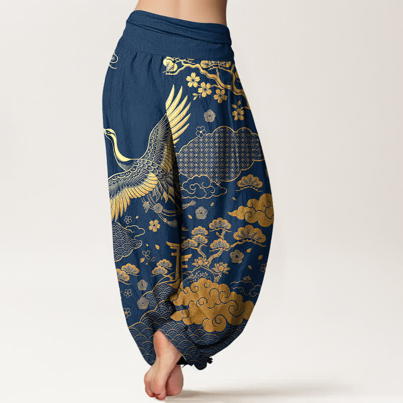 Buddha Stones Cotton Golden Crane Cloud Pattern Women's Elastic Waist Harem Pants - image 7