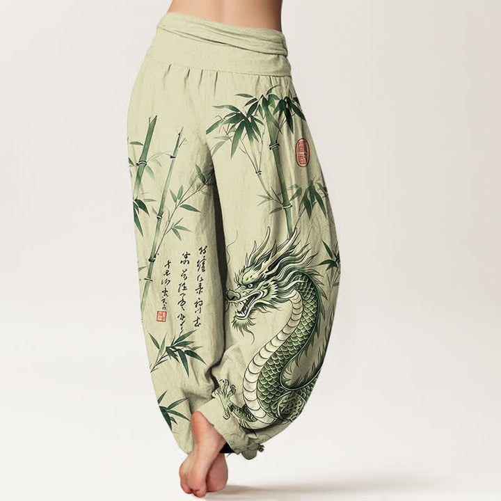 Buddha Stones Cotton Dragon Bamboo Pattern Women's Elastic Waist Harem Pants - image 2