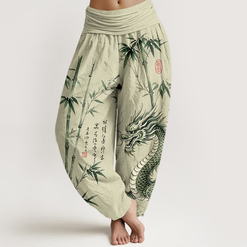 Buddha Stones Cotton Dragon Bamboo Pattern Women's Elastic Waist Harem Pants - MintCream - US16，UK/AU20，EU48 (3XL) - image 0