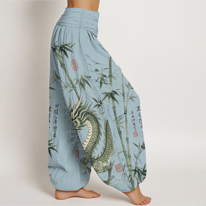 Buddha Stones Cotton Dragon Bamboo Pattern Women's Elastic Waist Harem Pants - image 6